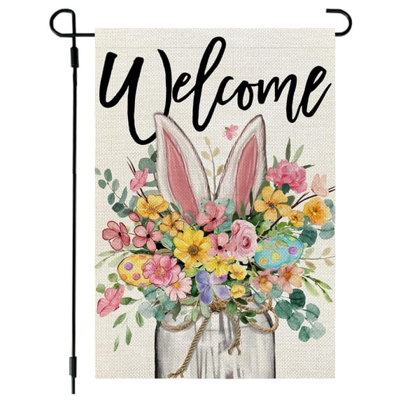 Sinkoo Easter Garden Flag Floral Mason Jar 12x18 Inch Double Sided Bunny Ears Holiday Decoration for Outdoor Lawn Yard