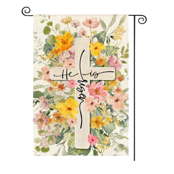 Sinkoo Easter Garden Flag He is Risen Cross Bunny 12x18 Inch Double Sided Floral Holiday Decoration Flag for Outdoor Lawn Yard