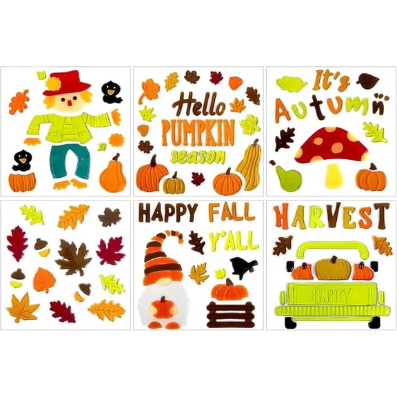 Sinkoo Fall Window Clings Gel, 6 Sheets Happy Fall Window Decals, Pumpkins Truck Scarecrow Autumn Leaf Harvest Window Decor for Home Office Classroom