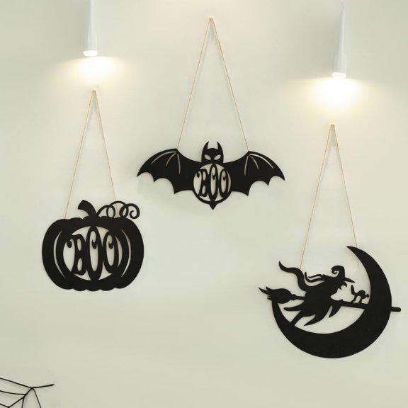 Sinkoo Halloween Boo Door Sign Iron Decor Wreath for Front Door Sign Wall Signs,Black Pumpkin Witch Bat Happy Halloween Sign Hanging for Home Wall Decor Halloween Party Outdoor indoor Supply