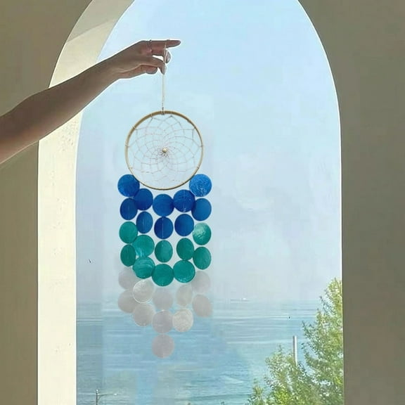 Sinkoo Handmade Capiz Wind Chimes for Outside, Seashell Hanging Beach Coast Ocean Home Decorative, Unique Natural Shell Windchimes With Dream Catcher Design, Great Memorial Sympathy Gift(Blue)