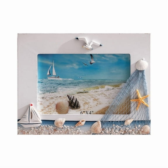 Sinkoo Handmade Wood Picture Frames, 6" x 4" Seashell Photo Frame,Unique Nautical Beach Themed Home decor, Sailboat, Starfish, Beach Photo Frame Tabletop or Wall Hanging Display Frame