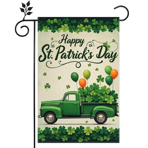 Sinkoo Happy St Patrick's Day Garden Flag Clover Shamrock 12x18 Inch Double Sided Truck Rustic Spring Holiday Yard Outdoor Outside House Decor