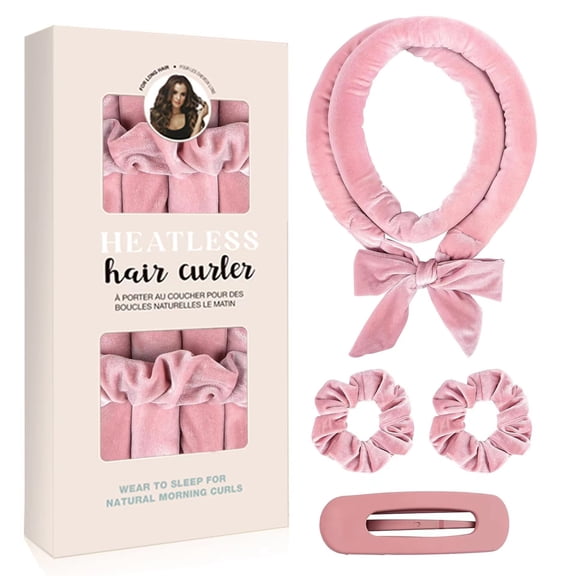 Sinkoo Heatless Curling Set, 59" No Heat Hair Rollers to Sleep in, Super Soft Ribbon Wrap for Long Hair, Pink Curling Set with 2 Scrunchies and 1 Clip, All Hair Types