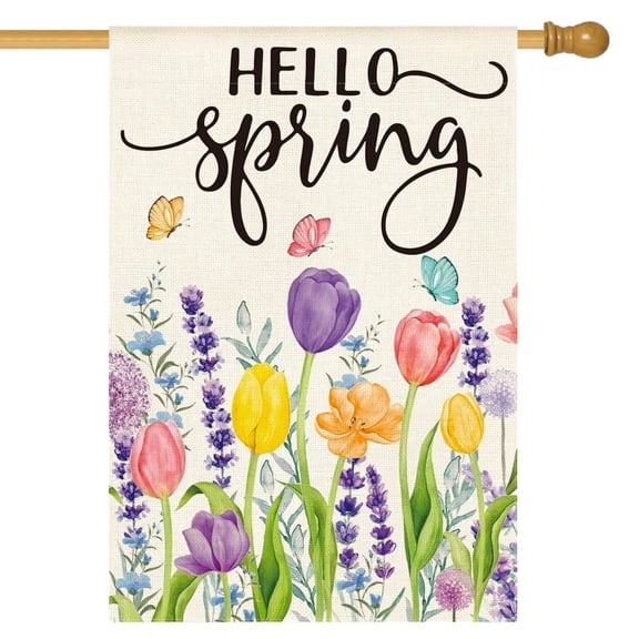 Sinkoo Hello Spring Tulip Lavender House Flag 28 x 40 Inch Double Sided, Spring Flag Seasonal Flower Yard Patio Outdoor Flag