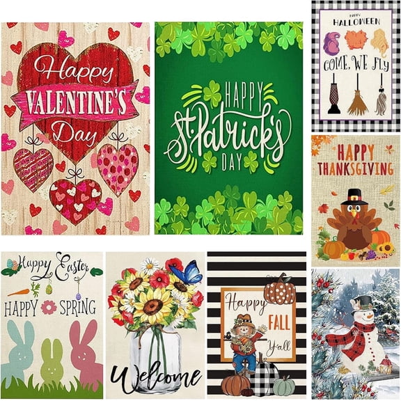 Sinkoo Seasonal Garden Flags Set of 8 Double Sided 12 x 18 Inch Yard Flags, Valentine Garden Flag, Outdoor Easter St Patricks Day Holiday Spring Fall Winter Halloween Xmas