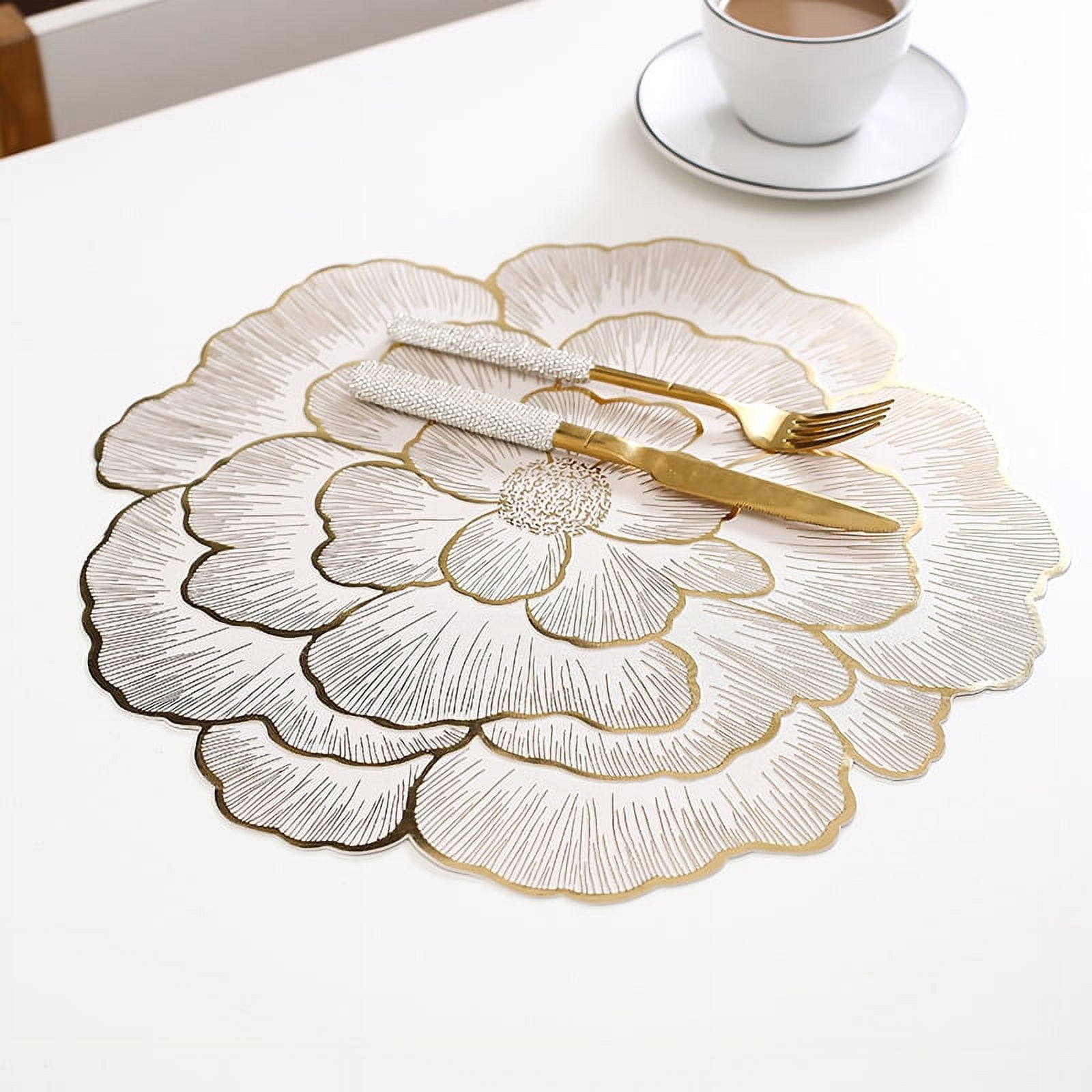 Sinkoo Placemats Set of 8, 15" Round Placemats Gold Metallic Rose Kitchen Table Centerpiece, Vinyl Placemats, Table Place Mats for Dining Table Decor