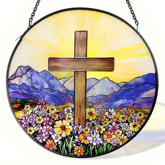 Sinkoo Retro Cross Sun Catchers Stained Glass Cross Suncatcher, 8 Inch Cross Window Hanging, Retro Stained Glass Cross Decor for Easter, Baptism, Christmas, Christian Religious Gifts for Women Men