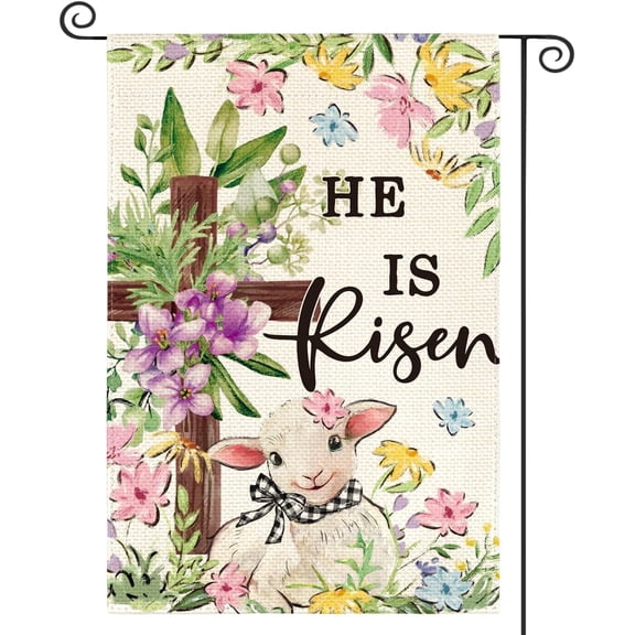 Sinkoo He Is Risen Easter Garden Flag 12x18 Inch Double Sided Outside, Lamb Flowers Cross Yard Outdoor Decoration for Yard Lawn Garden Outdoor Spring Decoration