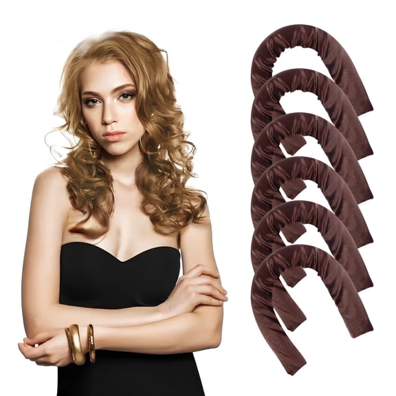 Sinkoo Satin Heatless Curling Set, 6pcs No Heat Hair Rollers to Sleep in, Super Soft Ribbon Wrap Hair Curler Set, Brown Curling Set with Bonnet for Sleeping