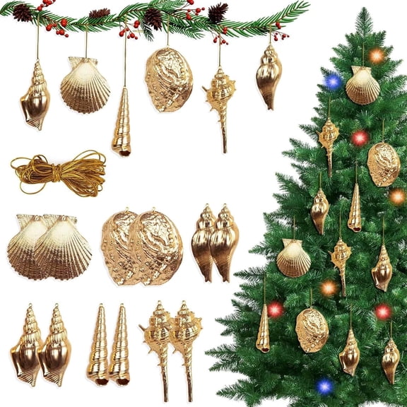 Sinkoo 12pcs Sea Shell Ornaments for Christmas, 2.5"-3" Seashells Plated Golden Small Seashells Ornaments, for Christmas Tree Hanging Decorations