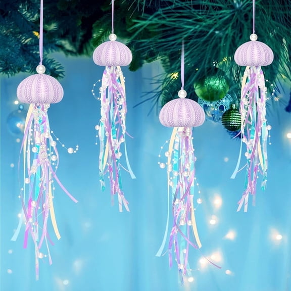 Sinkoo Sea Shells Ornaments, 4pcs Sea Urchin Jellyfish Purple Ornaments, Coastal Beach Theme Ornament, Elegant Beach Wedding Party Decor with Crystal and Ribbon