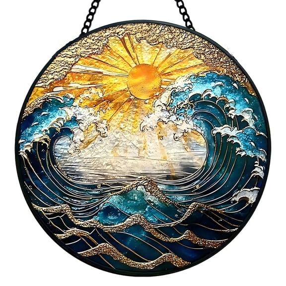 Sinkoo Sea Wave Stained Glass Window Hanging, 8inch Ocean Theme Suncatchers Wall Coastal Theme Decor for Window Wall Decoration Christmas Mother's Day Birthday Beach Gifts for Women Men Friends