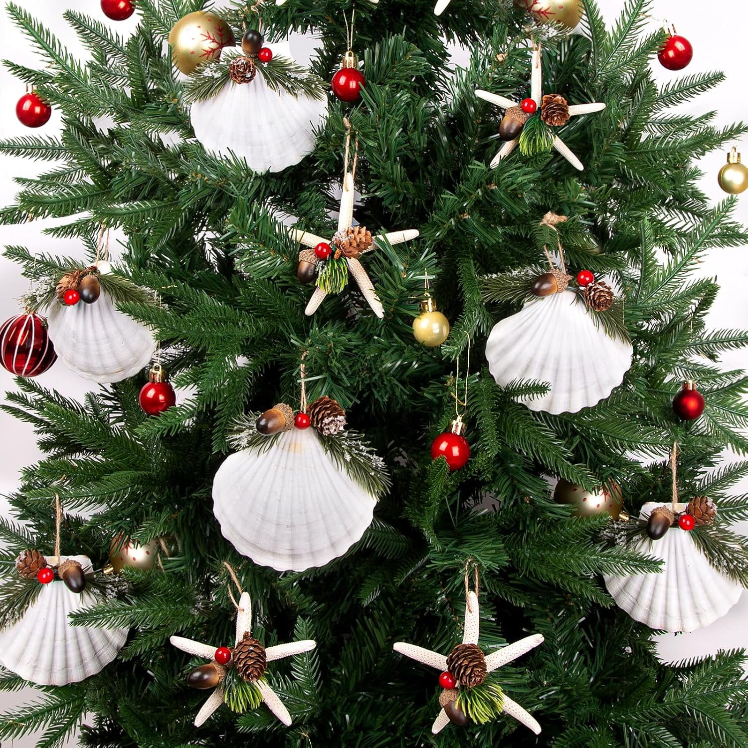 Sinkoo Seashells Starfish Christmas Tree Ornaments, 12pcs Handmade Natural Sea Shells Starfish Crafts with Pinecones, Beach Nautical Coastal Christmas Ornaments