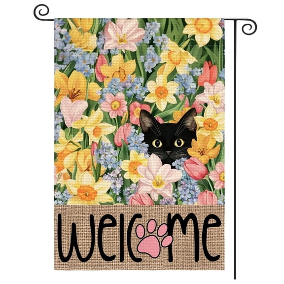 Sinkoo Spring Garden Flag 12x18 Inch Double Sided Outside, Floral Black Cat Welcome Seasonal Yard Outdoor Flag