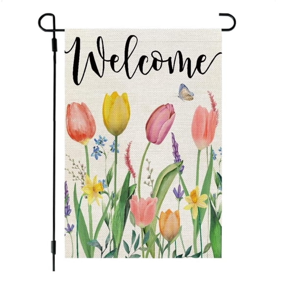 Sinkoo Spring Garden Flag Floral 12x18 Inch Double Sided for Outside Tulips Welcome Burlap Small Yard Holiday Decoration