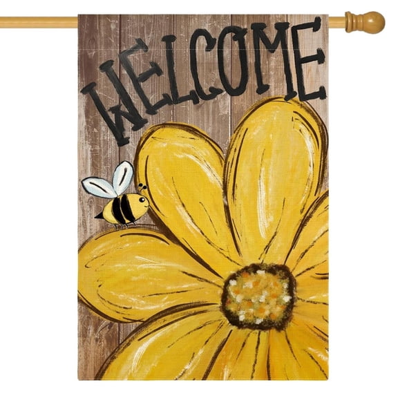 Sinkoo Spring House Flag Bee Sunflower 28x40 Inch Double Sided Seasonal Flag for Outside, Welcome Wood Grain Yard Outdoor Summer Flag