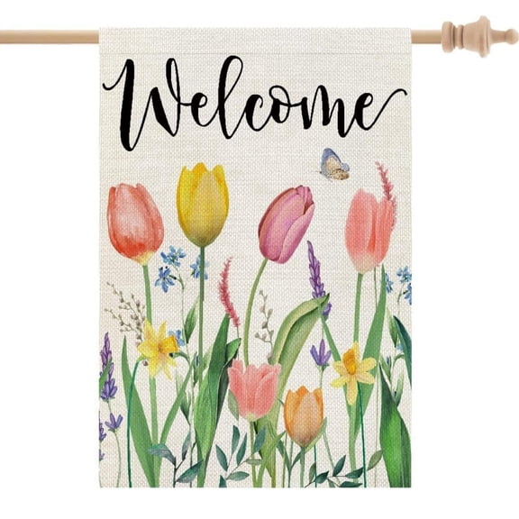 Sinkoo Spring House Flag Floral 28x40 Inch Double Sided for Outside Tulips Welcome Burlap Large Yard Holiday Flag