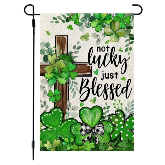 Sinkoo St Patricks Day Garden Flag Shamrocks Clover Cross Blessed 12x18 Inch Double Sided Green Holiday Spring Decoration for Outdoor Lawn Yard Patio