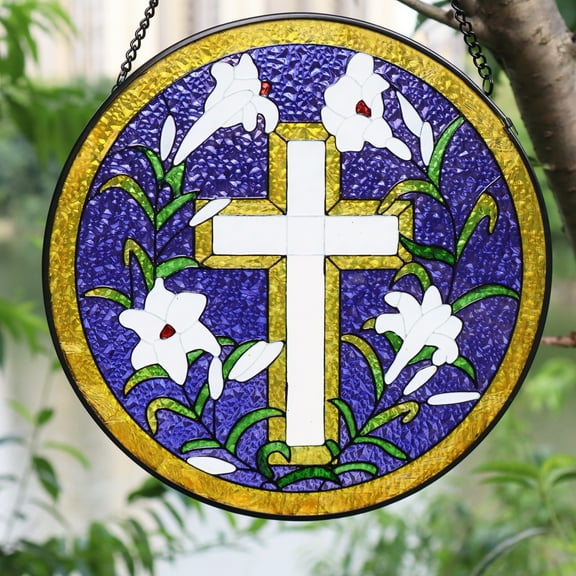 Sinkoo Stained Glass Cross Window Hanging,8"x8",Suncatchers for Windows Diamond Textured Glass Cross Decorative Hanging Ornaments Stained Glass for Chirstmas Window Panel Gift Home Decor(Purple)