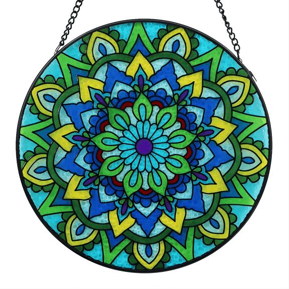 Sinkoo Stained Glass Window Hanging, 8in Mandala Sun Catchers Glass Panel Blue Suncatcher Window Decor, Holiday Religion Gift for Family Friend Christian