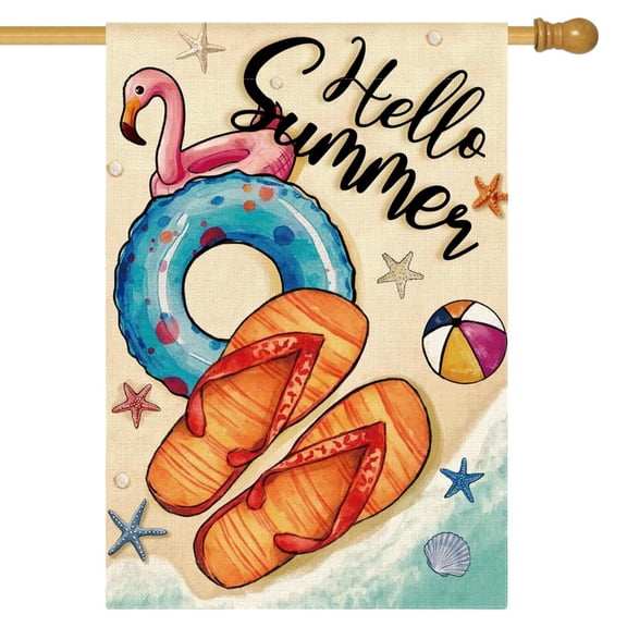 Sinkoo Summer Beach Flip Flops House Flag 28x40 inch Double Sided, Hello Summer Seasonal Coastal Theme Flag Burlap Courtyard Outdoor Flags Decoration