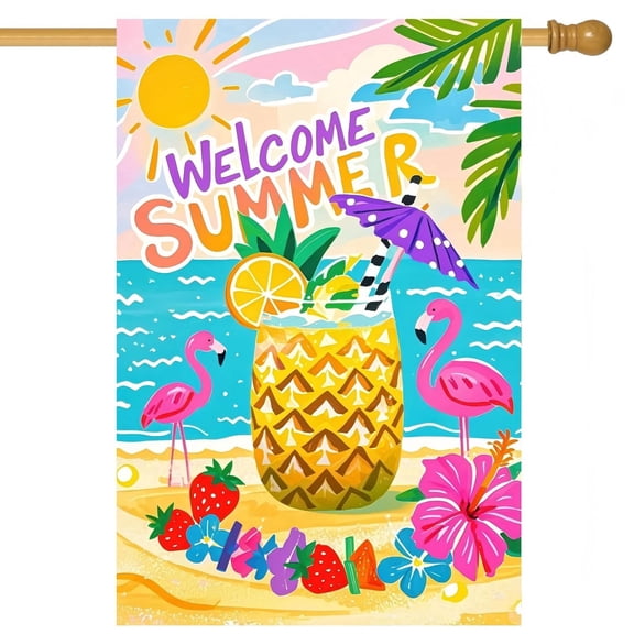 Sinkoo Welcome Summer House Flag 28x40 inch Double Sided, Flamingo Hawaii Tropical Beach Holiday Garden Flags Seasonal Outdoor Flags Decor