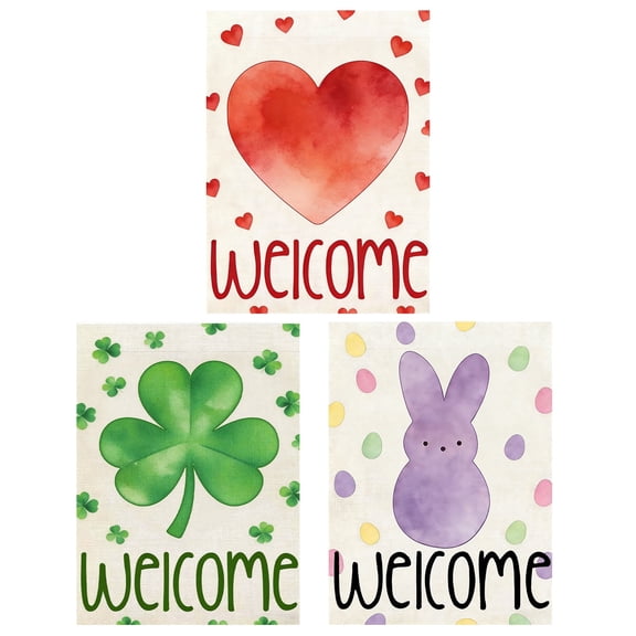 Sinkoo Valentines Garden Flag St Patricks Day Garden Flag Easter Garden Flag, 3pcs 12x18 Inch Double Sided Flag for Anniversary Wedding Holiday Spring Yard Lawn Outdoor Decoration