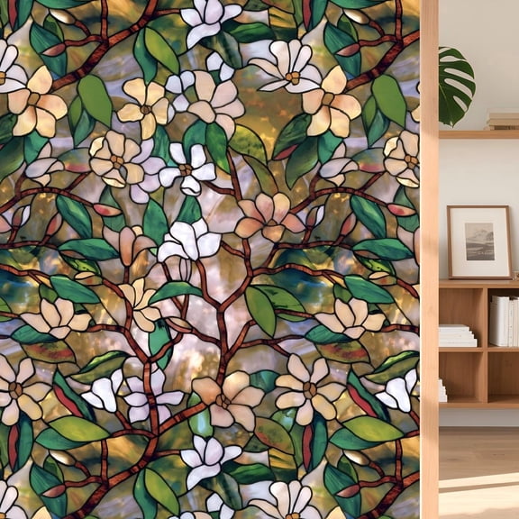Sinkoo Window Privacy Film, Stained Glass Sticker Floral Window Clings, Decorative Static Clings UV Blocking Colorful Decals, Removable Vinyl Covering 20 x 78.7 inch
