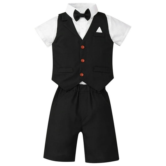 Sinleey Baby Boys 3pcs Formal Tuxedo Suit Kids Wedding Christening Pageant Shirt & Vest & Shorts Set Black 9-12 Months
