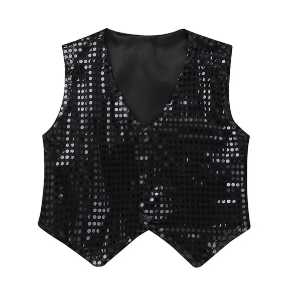 Sinleey Boys Sequin Dance Vest Jacket Blazer Top Jazz Hip-Hop Stage Performance Costume Black 9-10