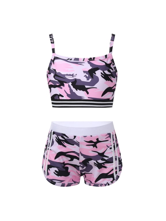 Girls 2 Pieces Jazz Hip-Hop Dance Outfit Sleeveless Crop Tank Top with Shorts Set Camo Pink 14