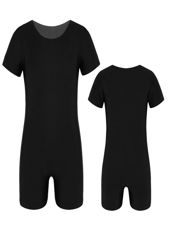 Girls Boys Short Sleeves Ballet Dance Unitard Leotard Stretchy Gymnastics Athletic Biketards A Black 8