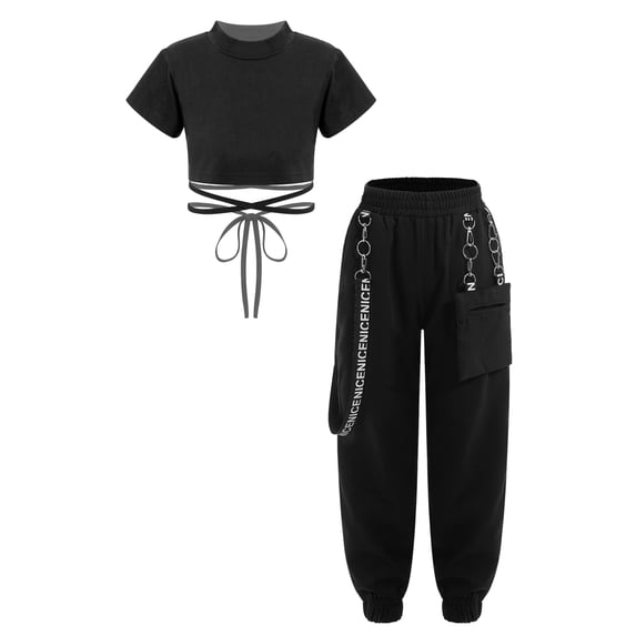 Sinleey Girls Hip Hop Dance Clothes 2PCS Lace up Crop Top with Cargo Pants Active Tracksuit Street Black 150