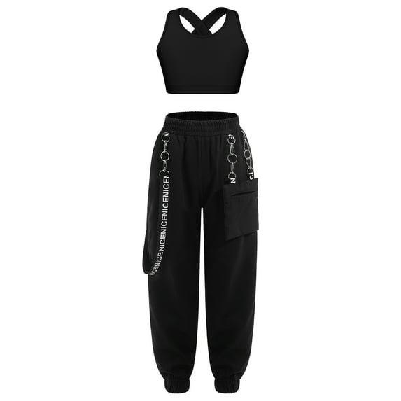 Sinleey Girls Hip Hop Dance Outfits Crop Tops with Chain Sweatpants Set Street Dance Outfits Active Black 10