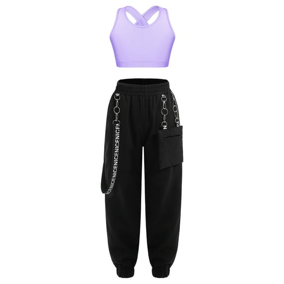 Sinleey Girls Hip Hop Dance Outfits Crop Tops with Chain Sweatpants Set Street Dance Outfits Active Lavender 12