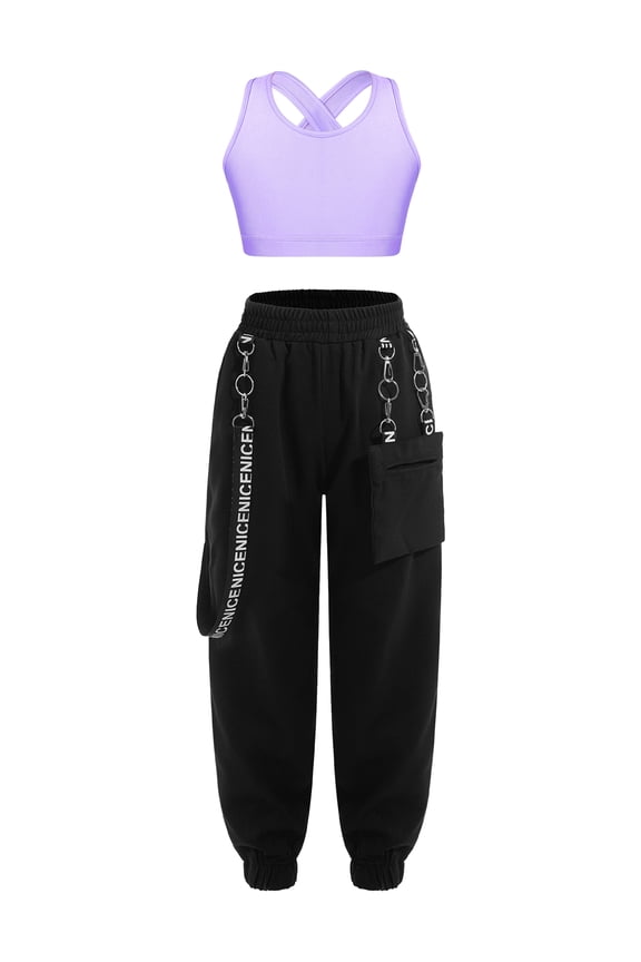 Girls Hip Hop Dance Outfits Crop Tops with Chain Sweatpants Set Street Dance Outfits Active Lavender 12