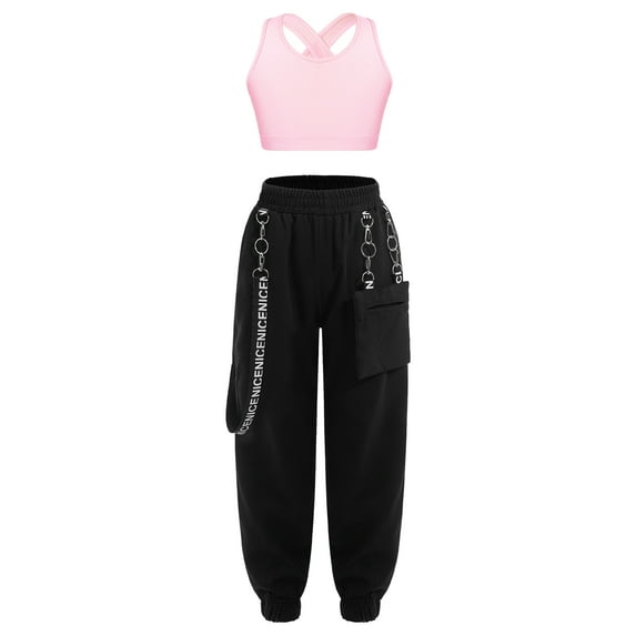 Sinleey Girls Hip Hop Dance Outfits Crop Tops with Chain Sweatpants Set Street Dance Outfits Active Pink 10