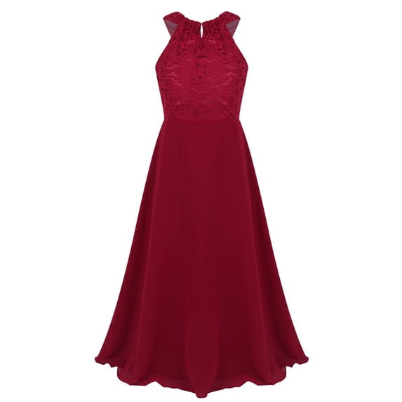 Sinleey Girls Lace Bodice Cutout-neck Chiffon Junior Bridesmaid Long Dress Wedding Formal Event Gown Burgundy 10