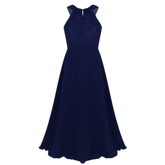 Sinleey Girls Lace Bodice Cutout-neck Chiffon Junior Bridesmaid Long Dress Wedding Formal Event Gown Navy Blue 14