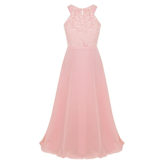 Sinleey Girls Lace Bodice Cutout-neck Chiffon Junior Bridesmaid Long Dress Wedding Formal Event Gown Pink 16