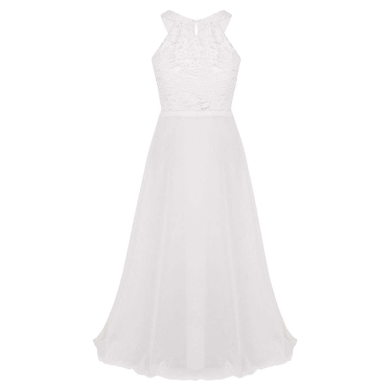 Sinleey Girls Lace Bodice Cutout-neck Chiffon Junior Bridesmaid Long Dress Wedding Formal Event Gown White 10, Girl's