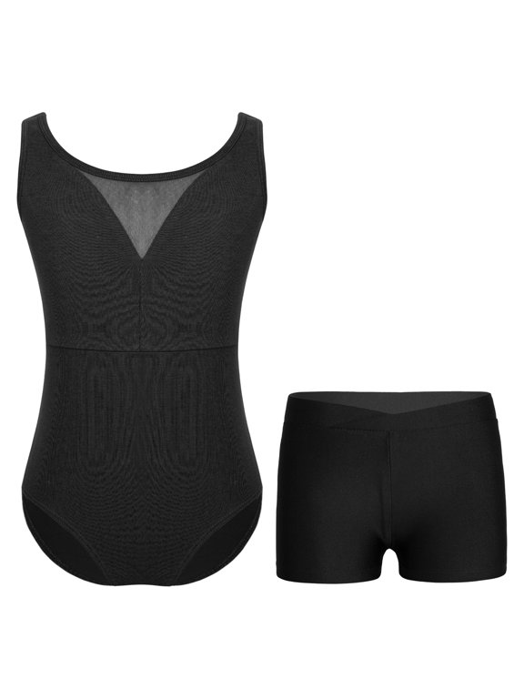 Girls Mesh V-Neck Ballet Dance Leotard Outfits Gymnastics Athletic Bodysuit with Shorts Black 12