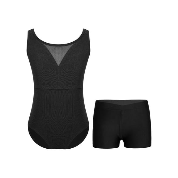 Sinleey Girls Mesh V-Neck Ballet Dance Leotard Outfits Gymnastics Athletic Bodysuit with Shorts Black 8