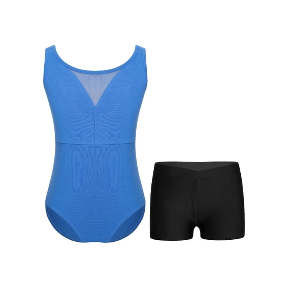 Sinleey Girls Mesh V-Neck Ballet Dance Leotard Outfits Gymnastics Athletic Bodysuit with Shorts Blue 8