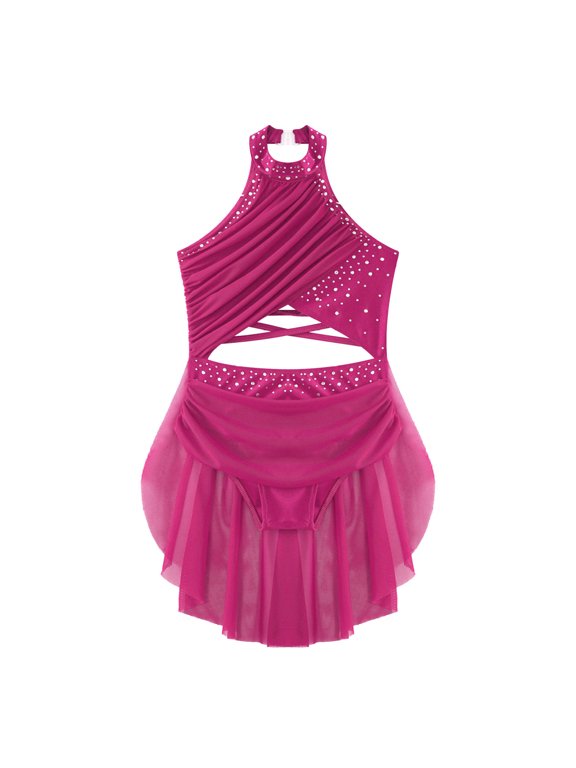 Girls Shiny Lyrical Ballet Dress Backless Jazz Latin Cha-Cha Rumba Samba Dance Costume Hot Pink 8