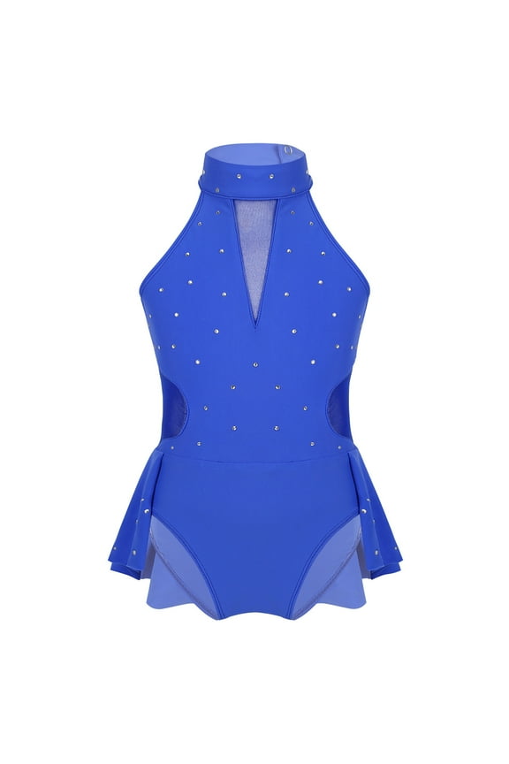 Junior Kids Girls Sparkle High Turtle Neck Ballet Ice Skating Ruffled Leotard Gym Dancewear Blue 14