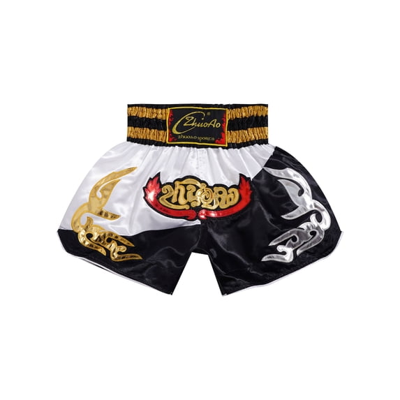 Sinleey Kids Boy Muay Thai Boxing Shorts Boxing Trunks Fight Training Shorts Grappling Martial Arts Black&White L/160