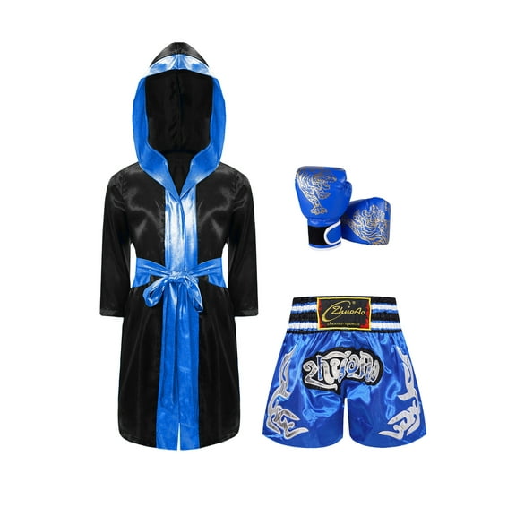 Sinleey Kids Boys Girls 3Pcs Boxing Suit Satin Hooded Boxing Robes with Boxer Shorts and Punching Sparring Gloves Set Black&Blue 8