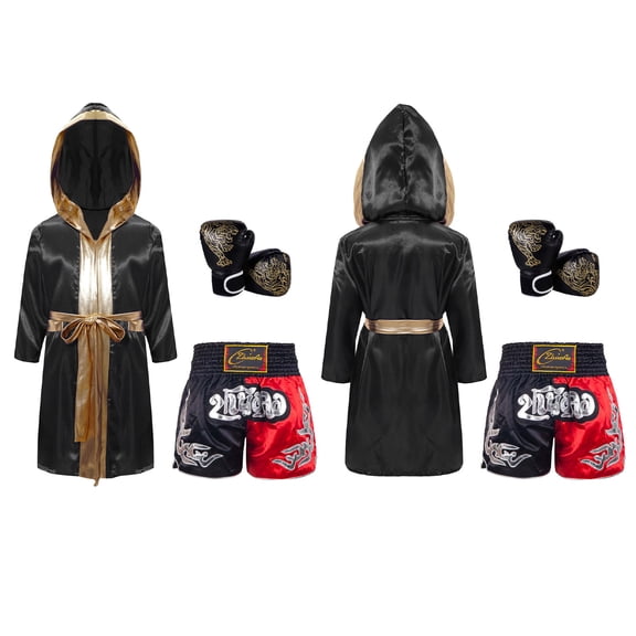 Sinleey Kids Boys Girls 3Pcs Boxing Suit Satin Hooded Boxing Robes with Boxer Shorts and Punching Sparring Gloves Set Black&Gold 10
